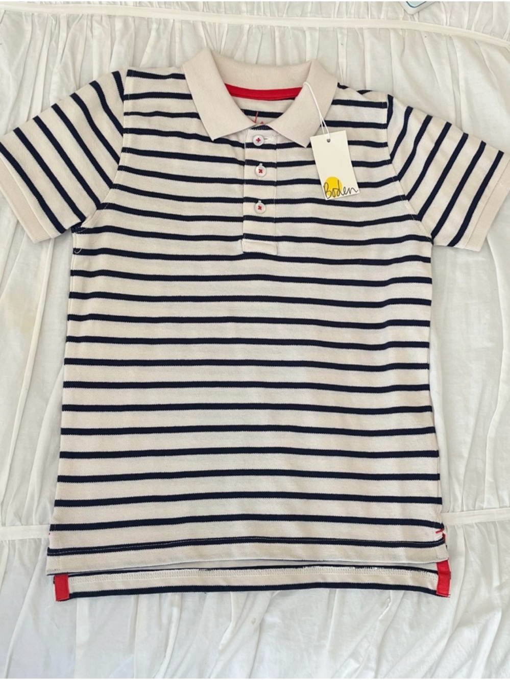 Boden Cream & Navy Striped Polo with Red Accents
